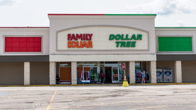 Waterford, Pennsylvania, USA August 1, 2023 Two storefronts together, a Family Dollar and a Dollar Tree in a strip mall on a sunny summer day