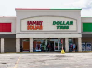 Waterford, Pennsylvania, USA August 1, 2023 Two storefronts together, a Family Dollar and a Dollar Tree in a strip mall on a sunny summer day
