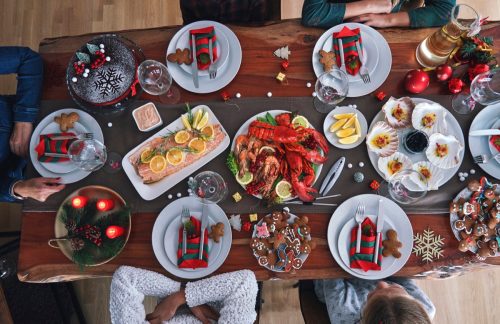 christmas dinner with lobster and salmon