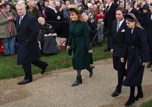 Prince Andrew, Sarah Ferguson, Edoardo Mapelli Mozzi, and Princess Beatrice outside St. Mary Magdalene Church on Christmas Day 2023