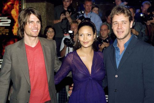 Tom Cruise, Thandiwe Newton, and Russell Crowe at the London premiere of "Mission: Impossible 2" in 2000