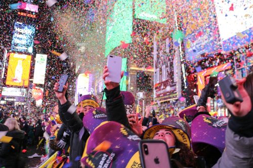 Confetti flying during the New Year Ball Drop event at Times Square in New York City