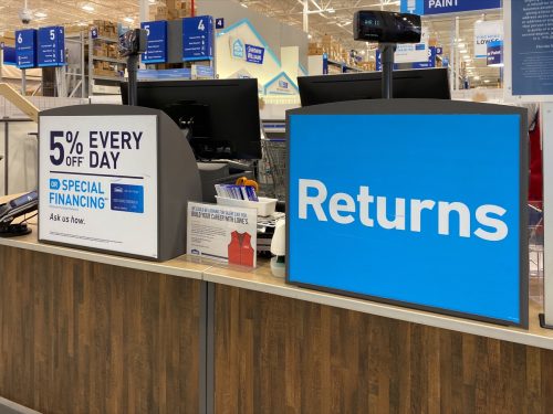 Orlando,FL/USA-10/1 /19: The sign at Lowes home improvement store that reads Returns.