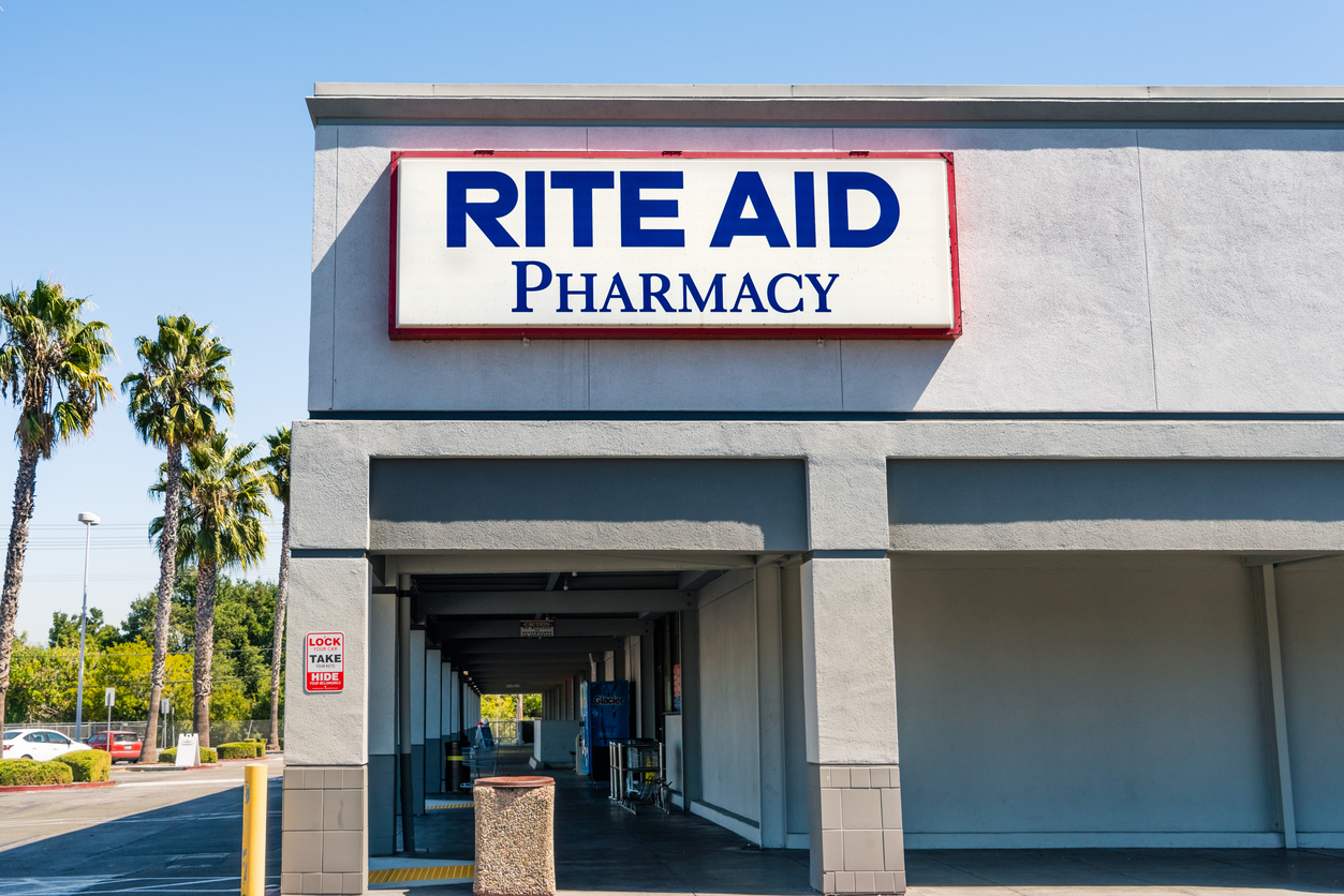 The storefront entrance of a Rite Aid pharmacy location