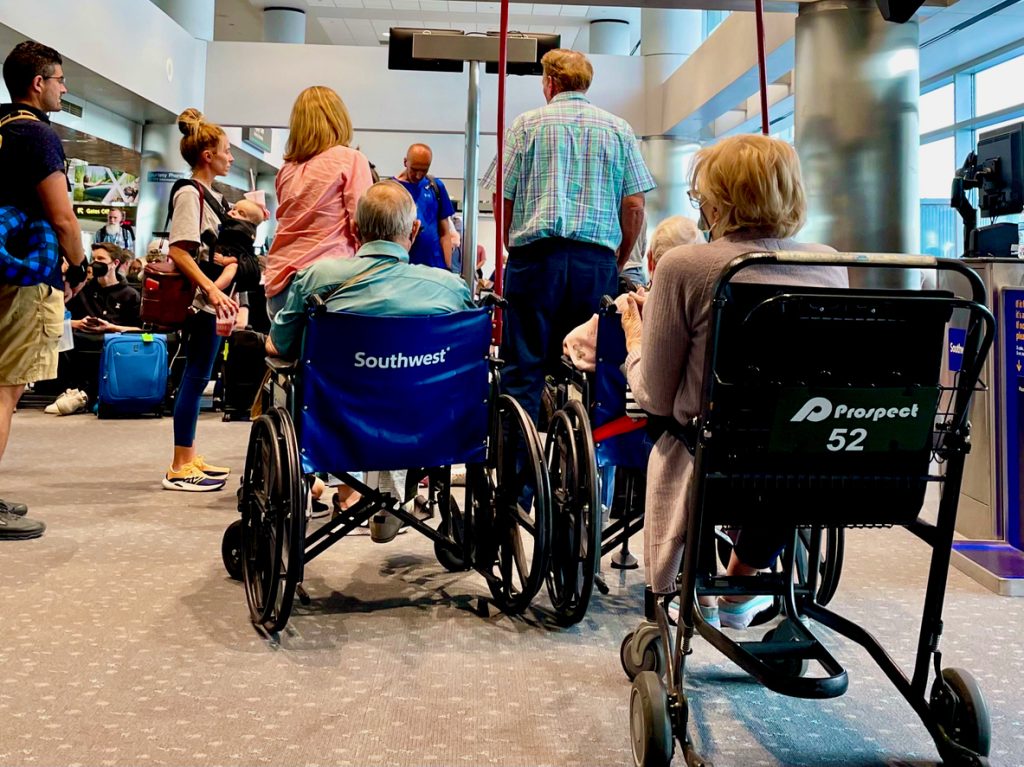 Passengers in wheelchairs waiting to board a Southwest Airlines flight