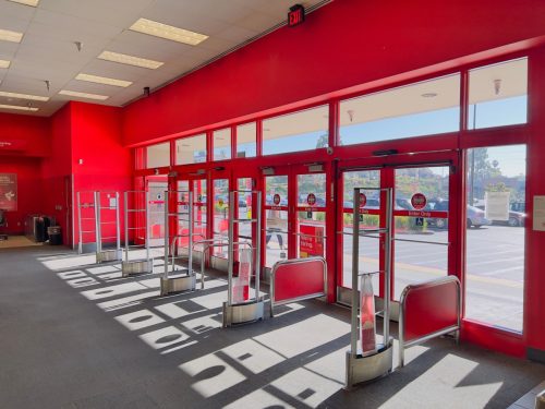 Oceanside, CA - June 30, 2022: Entrance and exit doors inside a Target store without any people.