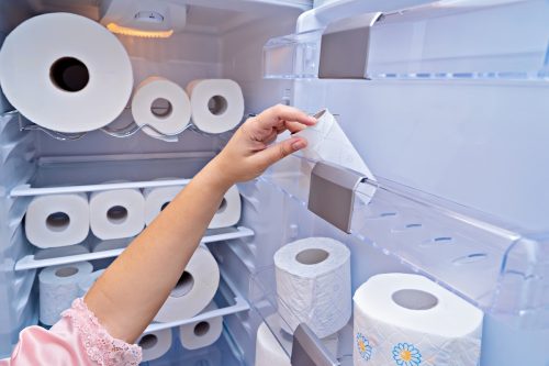 Female hand takes roll of toilet paper from refrigerator door. Panic buying toilet paper in all countries during spread of COVID-19 coronavirus and quarantine. Covidiot concept