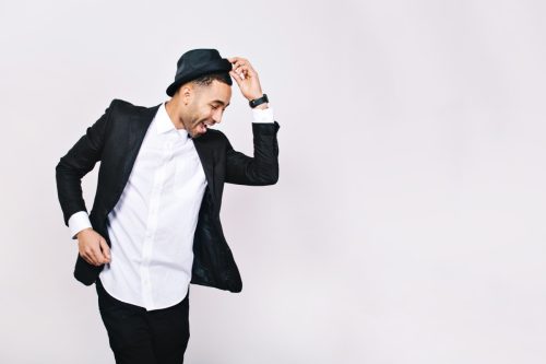image of a man dancing in a suit and hat on a white background