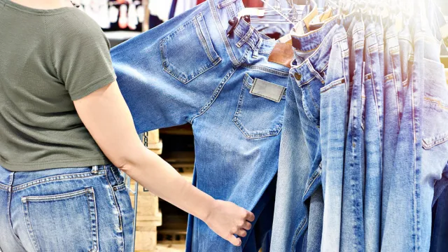 Rear view of woman shopping for jeans