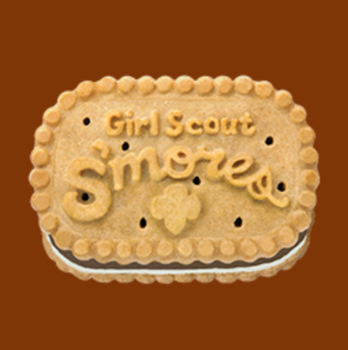 A Girl Scout S'mores cookie against a brown background