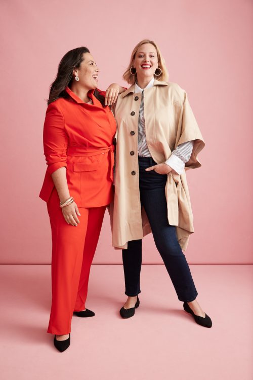 Lane Bryant models wearing business-casual clothes against a pink background