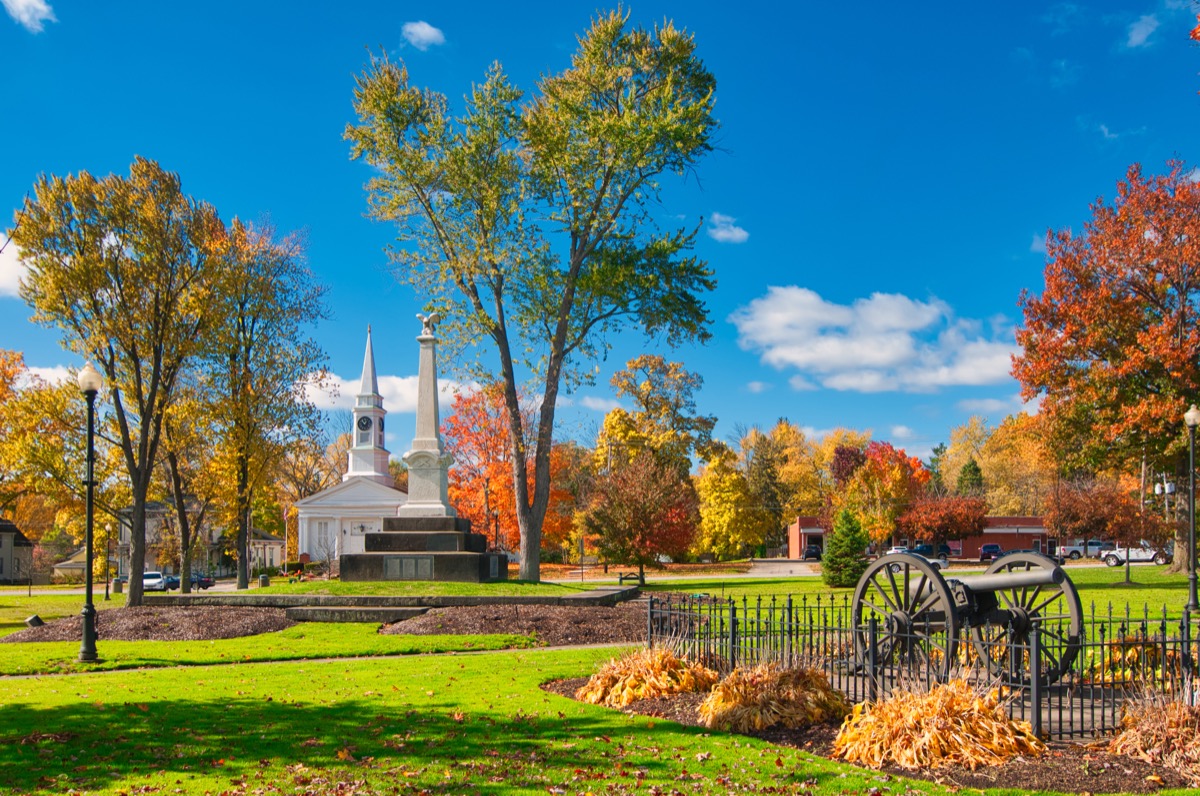 The township owned square in Twinsburg, Ohio, with landmarks and autumn colors