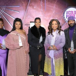 Danielle Brooks, Taraji P. Henson, Fantasia Barrino, Oprah Winfrey, and Blitz Bazawule at the Empire State Building in December 2023
