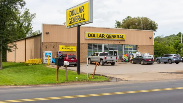 Dollar General store in downtown. Building and signs.