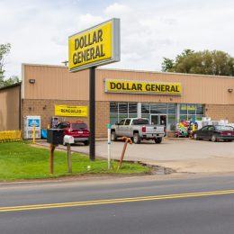 Dollar General store in downtown. Building and signs.
