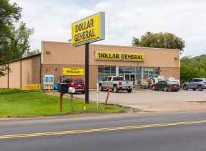 Dollar General store in downtown. Building and signs.