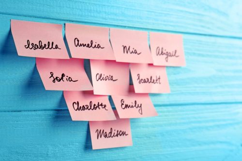 pink-post it notes on a blue wall with different names