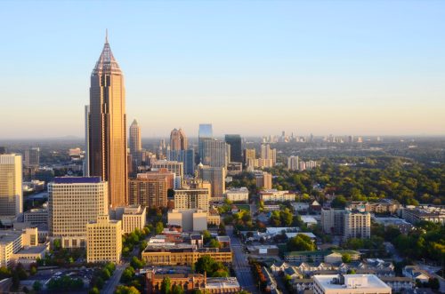 Spectacular view of the Atlanta, Georgia skyline at sunrise.