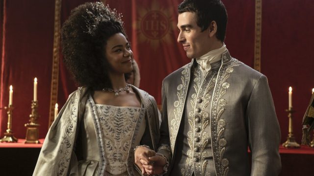 India Amarteifio and Corey Mylchreest in "Queen Charlotte: A Bridgerton Story"
