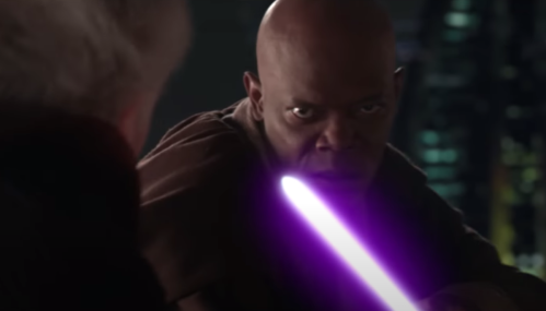 Samuel L. Jackson in "Star Wars" with a purple lightsaber