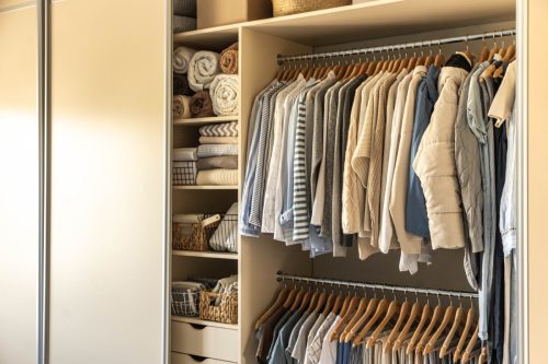 Large wardrobe closet with different clothes. The concept of storage and order.