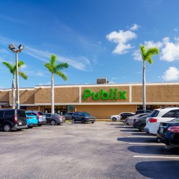 A Publix grocery store and parking lot with palm trees on a sunny day