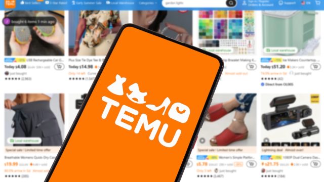 Temu logo on a smartphone with a Temu web browser in the background
