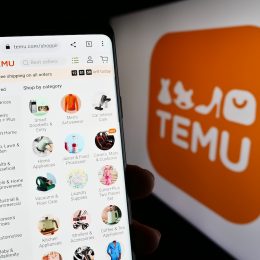 Person holding a cell phone showing Temu shopping categories against a large Temu logo