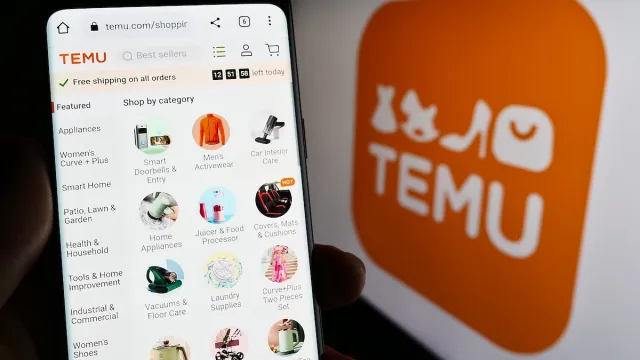 Person holding a cell phone showing Temu shopping categories against a large Temu logo