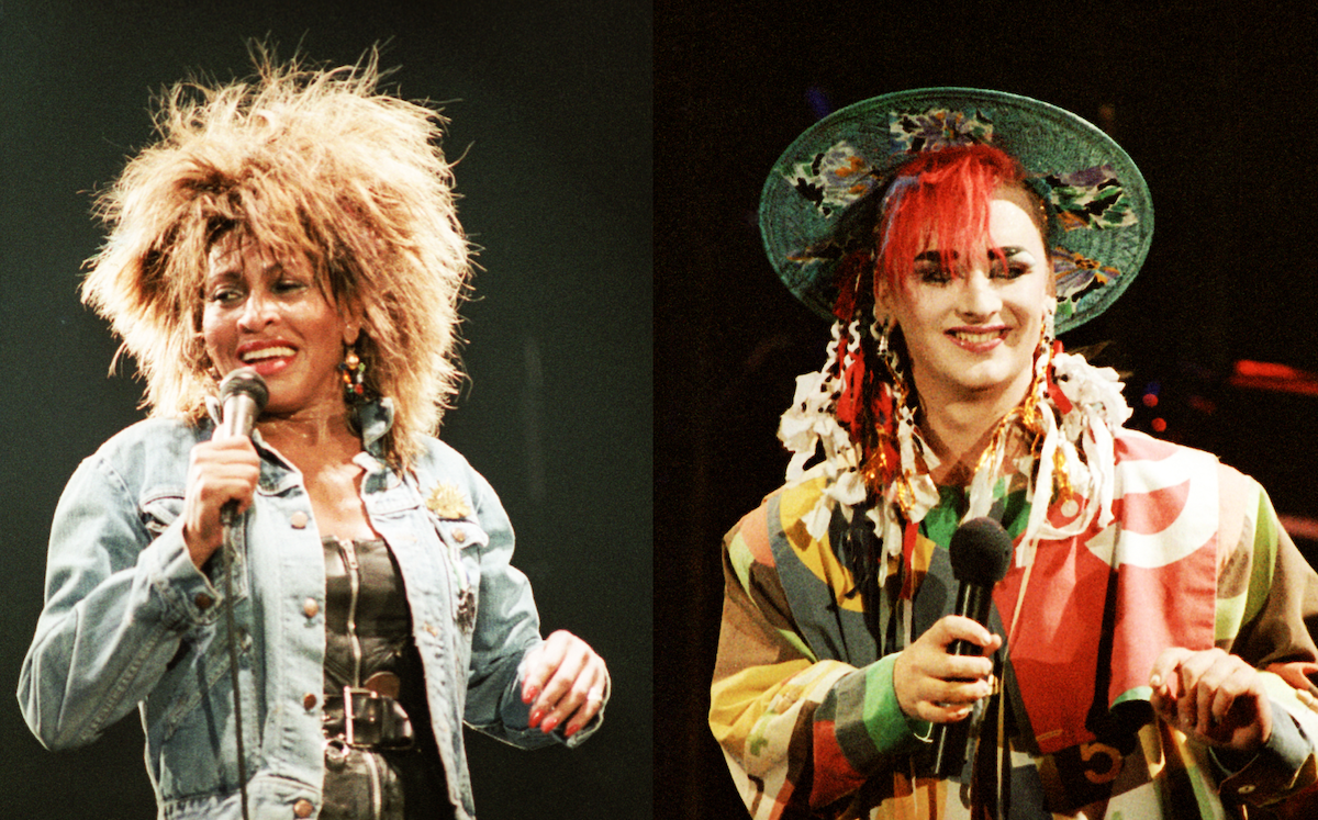 Tina Turner performing at Wembley Arena in 1985; Boy George performing at Wembley Arena in 1984