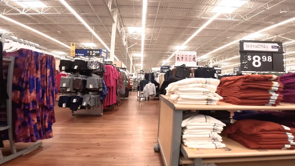 Wide view of Walmart's women's clothing department