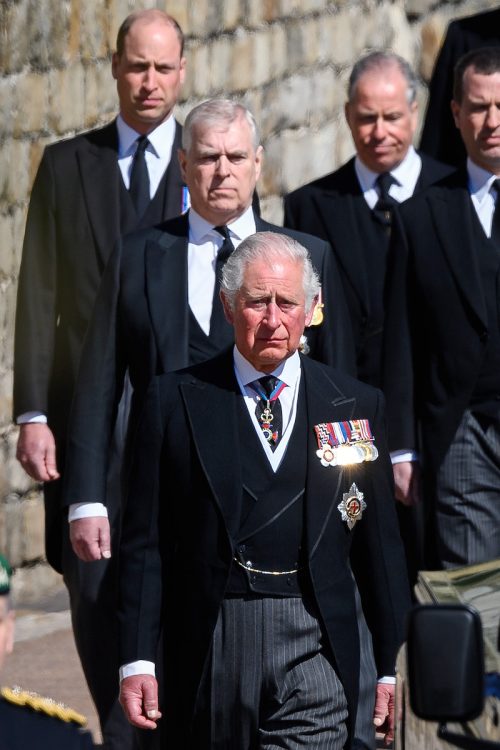 Prince William, Prince Andrew, and Prince Charles at the funeral of Prince Philip in 2021
