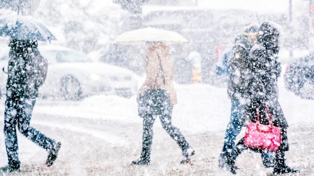 Pedestrians crossing the street on a snowy day.