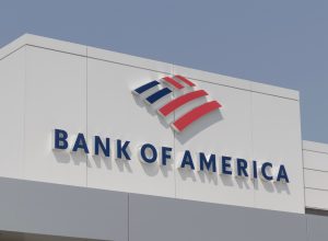 Close up of Bank of America logo on building.
