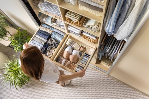 A young woman chooses which bra to wear while standing in front of a neatly arranged wardrobe. The concept of underwear storage and space organization. Top view.