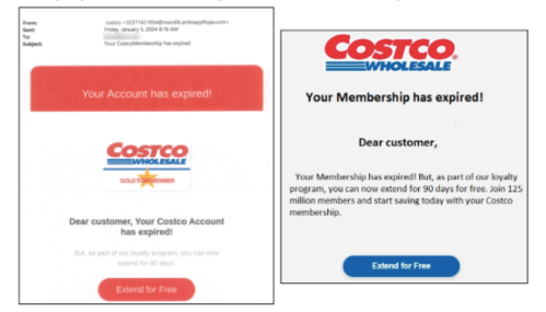 Costco scam email examples for expired memberships