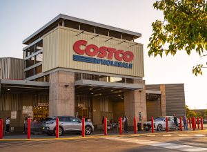 Entrance to a Costco store on a sunny day