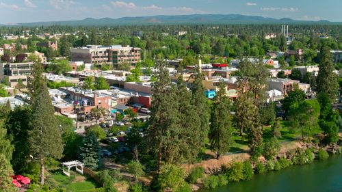 Aerial establishing shot of Bend, Oregon, on a hot and sunny day in summer.