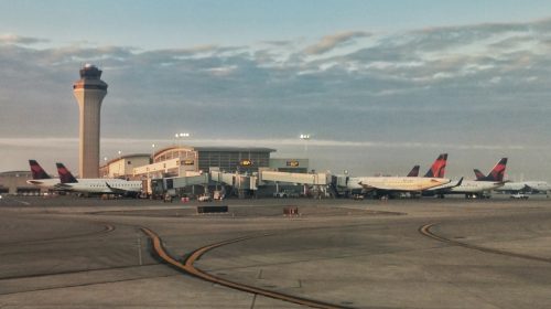 Detroit, Michigan, USA - February 2, 2016: Detroit Airport McNamera Terminal Delta Planes Parked at Gates