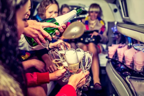 Women in limo pouring champagne into flutes