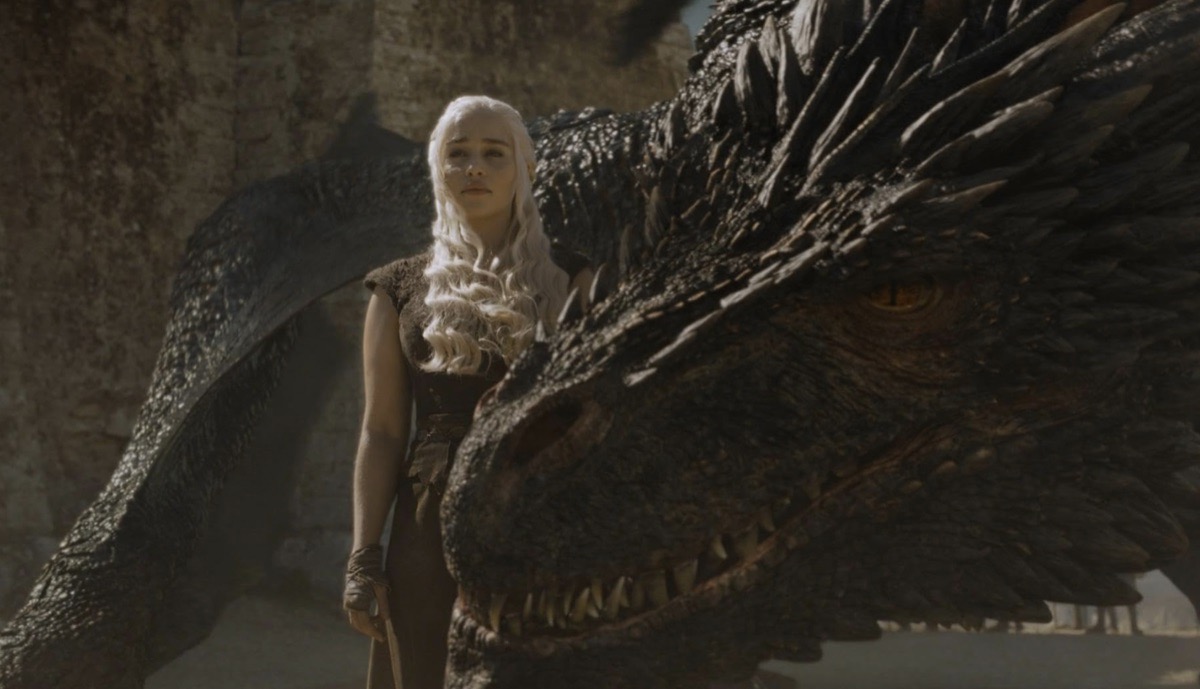 still of Daenerys Targaryen and her dragon from Game of Thrones