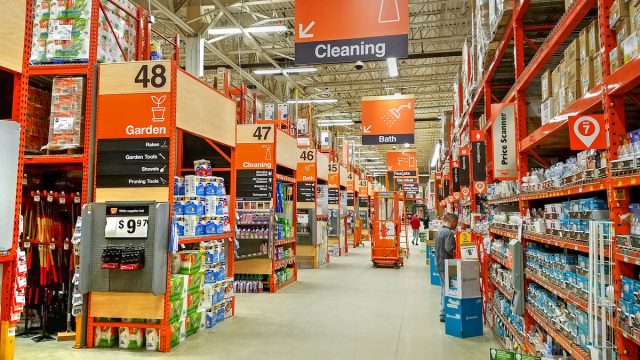 Inside of a Home Depot store showing the cleaning aisle.