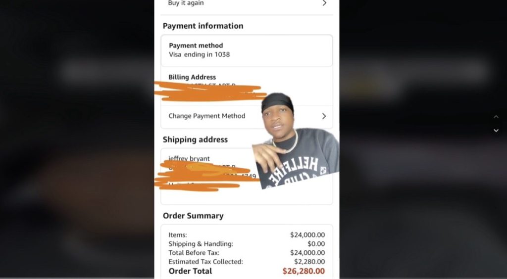 A screenshot of a person over an Amazon purchase receipt for a $26,000 tiny home