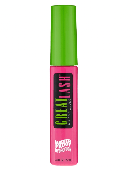 Maybelline Great Lash Mascara in its pink and green tube on white background