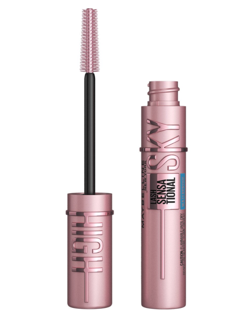 Metallic pale pink tube and wand of Maybelline Sensational Sky-High Mascara on white background
