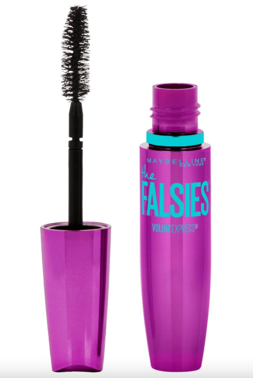 Purple tube and wand of Maybelline's The Falsies mascara on white background