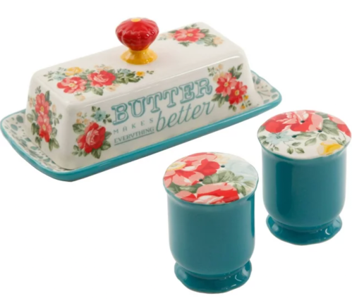 Teal and red salt-and-pepper shakers and butter dish from the Pioneer Woman line at Walmart