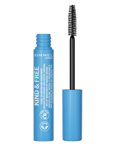Rimmel Kind & Free Clean Mascara, light blue tube and wand on white background