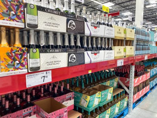 Orlando, FL/USA - 5/2/20: Rows of different types of wines and champagne at a Sam's Club grocery store.