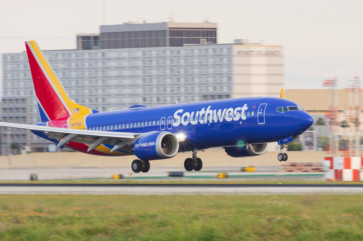 A Southwest Airlines flight landing at an airport